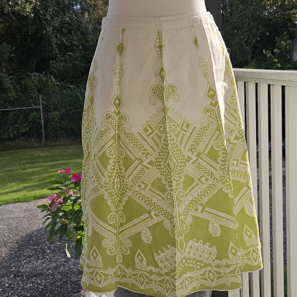 Metro Style Midi Skirt Linen Blend Womens 8 Abstract White Lime Green Retro Mod